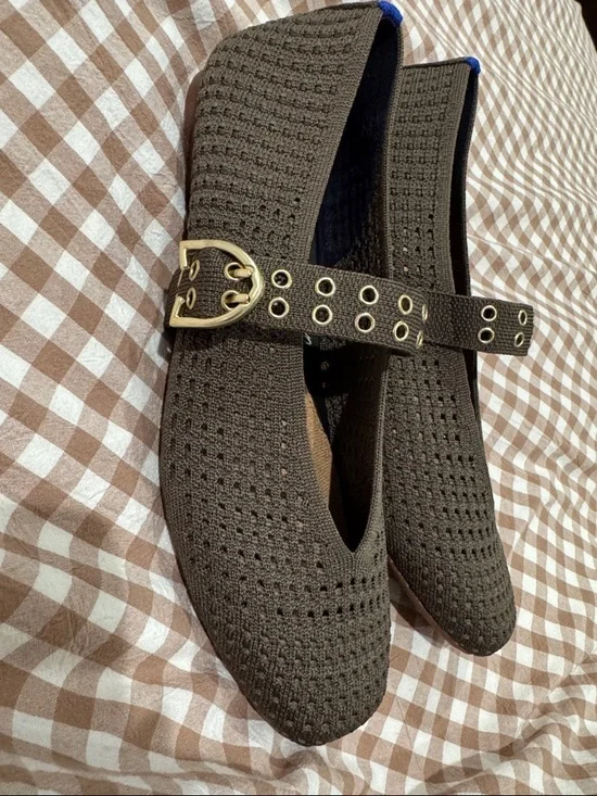 Rothy's Green Knit Mary Jane Flats with Gold Buckle Detail - Picture 3 of 4